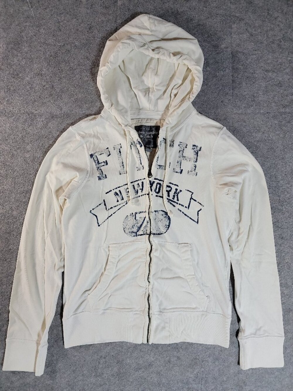 Vintage Abercrombie & Fitch Y2K Distressed Graphic Zip Up Hoodie Off-White Small